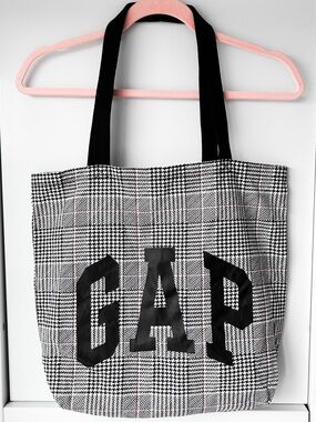 Gap grey and black plaid cotton canvas tote bag